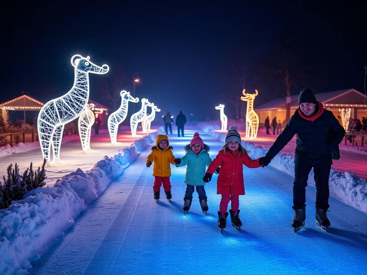 Famille patinant sur un sentier illuminé bordé de sculptures lumineuses