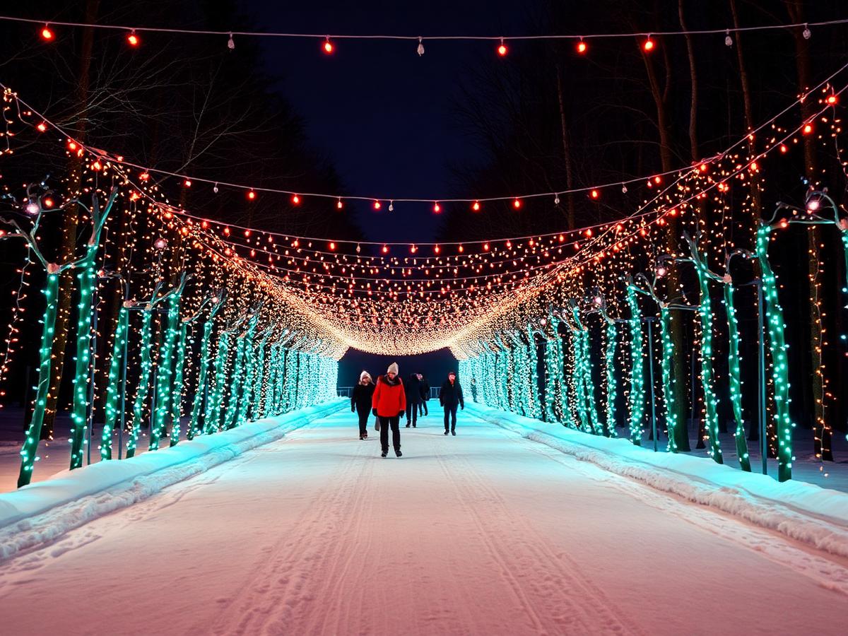 Tunnel de lumières au-dessus d'un sentier glacé enneigé